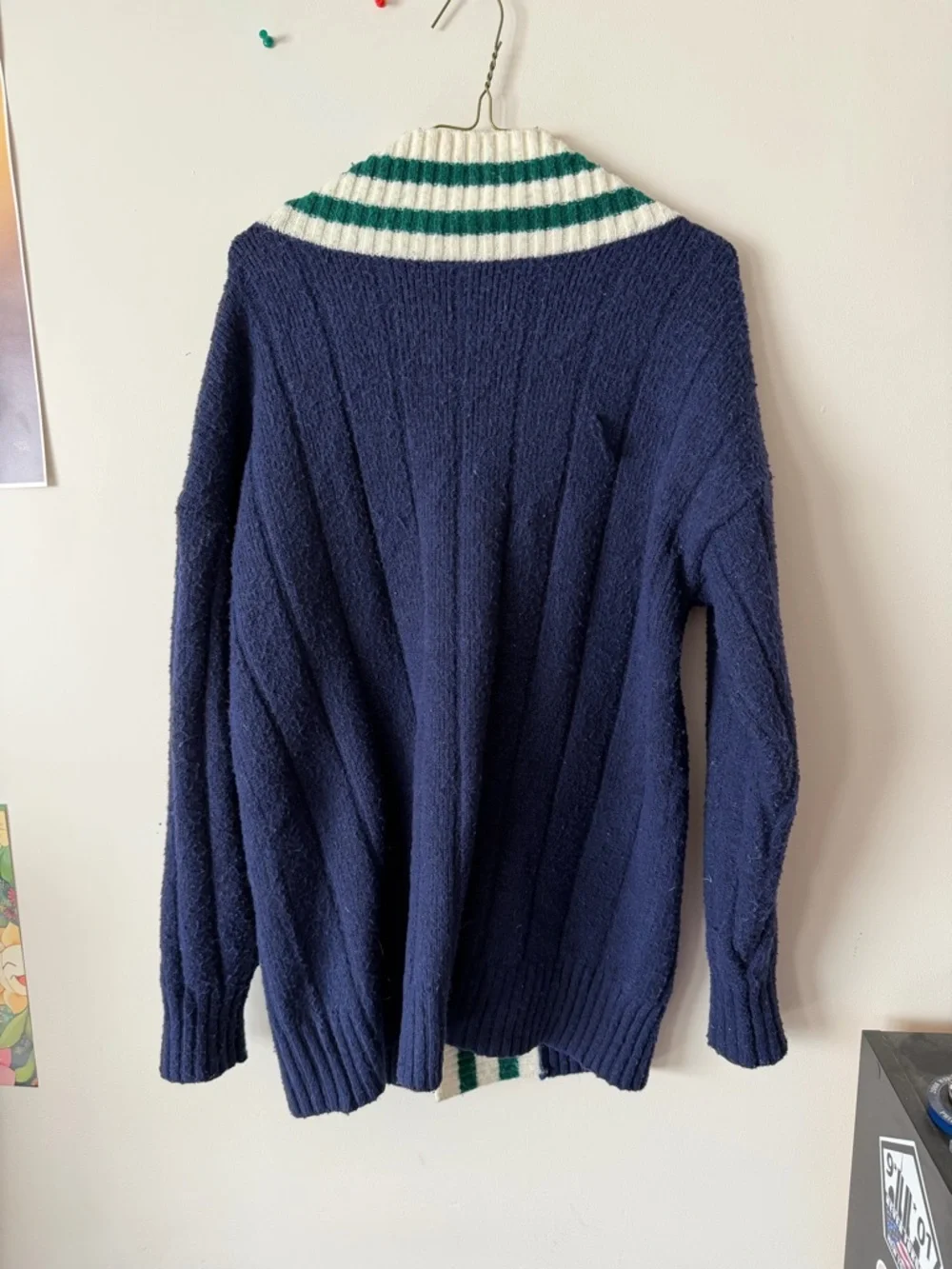 PINK Victoria's Secret Navy Shawl-Collar Cardigan with Cream & Green Stripes - Picture 4 of 5